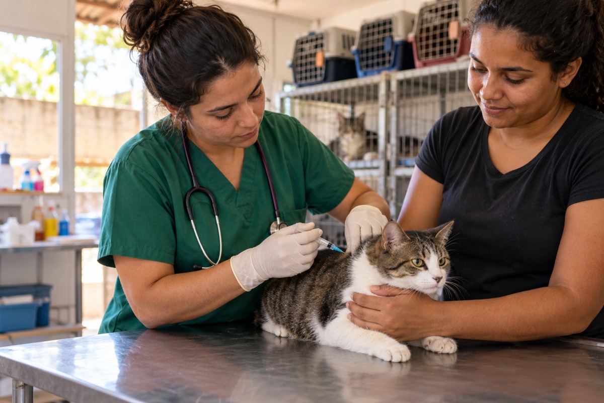 Veterinária examina um gato resgatado, com a protetora ao lado, em uma clínica