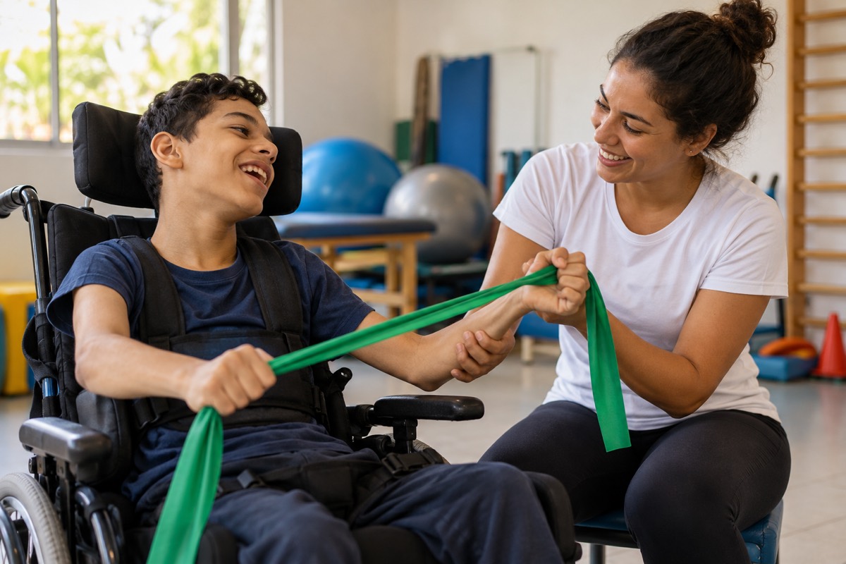 Fisioterapeuta faz exercícios com um adolescente em cadeira de rodas adaptada