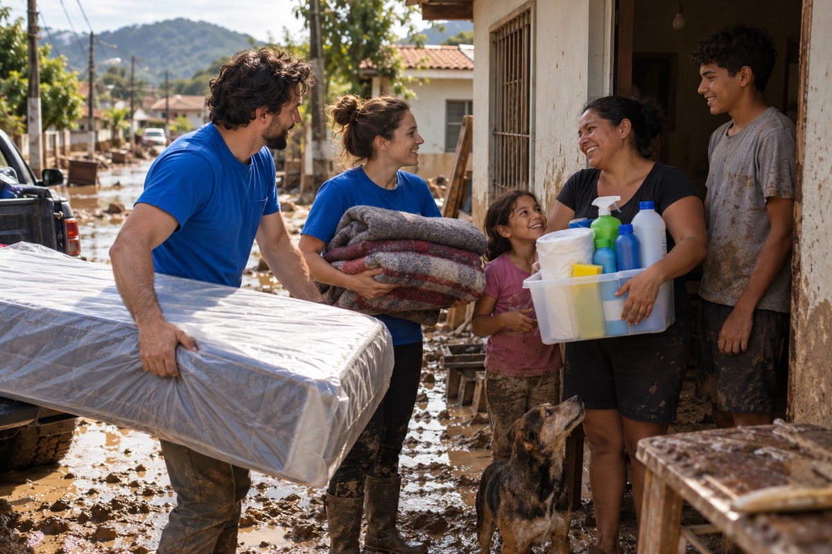 Família recebe um kit de recomeço de voluntários em frente de casa, depois da enchente