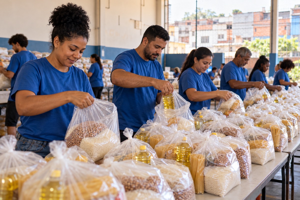 Voluntários montam cestas básicas em um salão comunitário