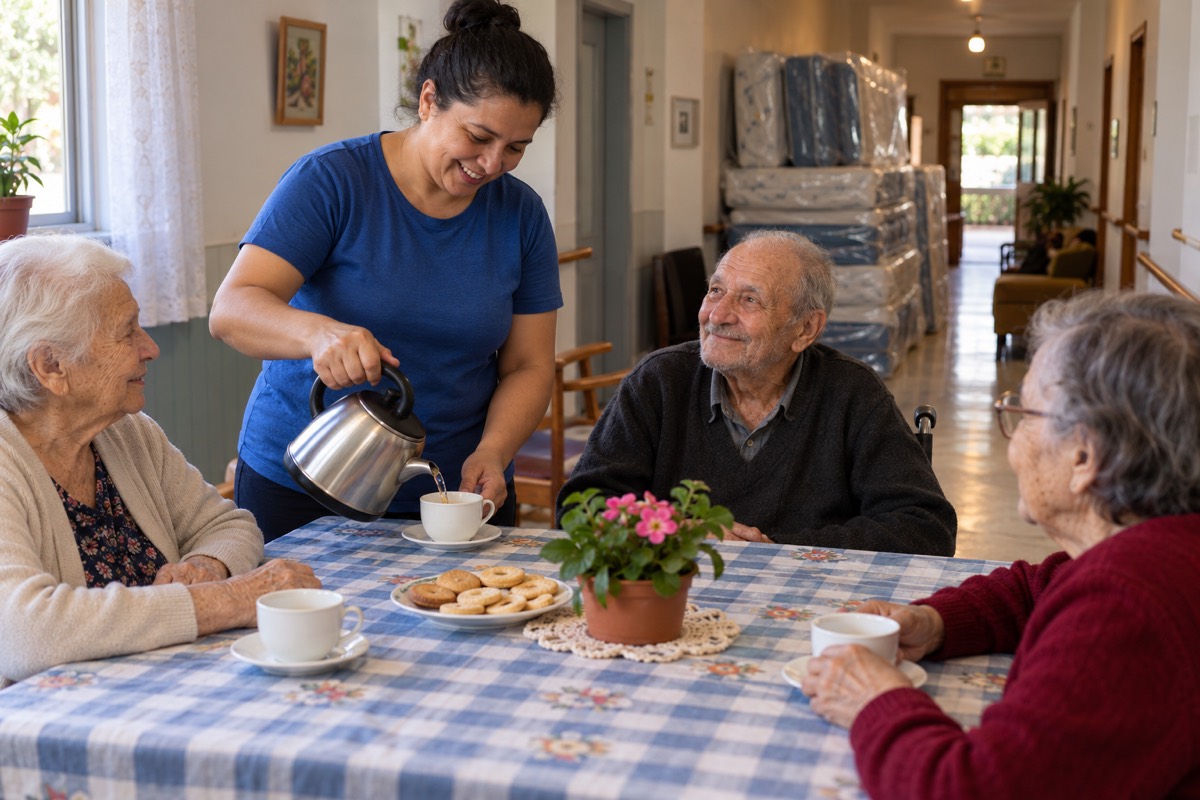 Cuidadora serve chá a moradores de uma casa de acolhimento de idosos
