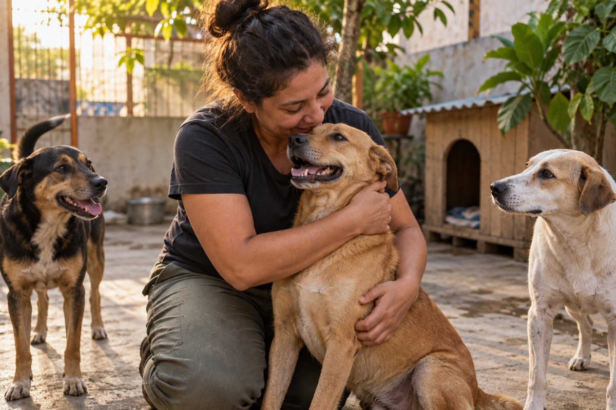 Protetora de animais abraça um cachorro caramelo resgatado