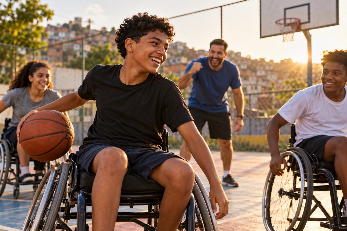 Adolescente em cadeira de rodas joga basquete com amigos em uma quadra comunitária