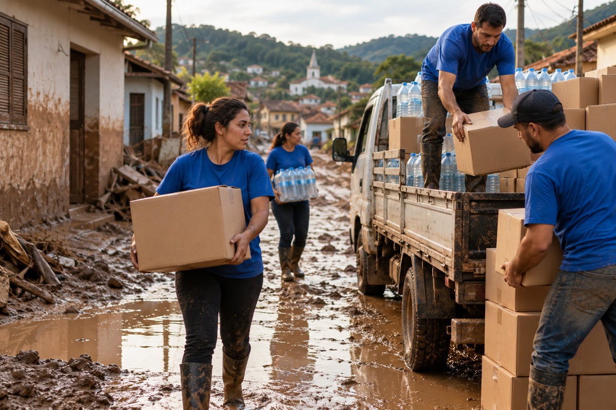Voluntários descarregam doações em uma rua enlameada depois de uma enchente