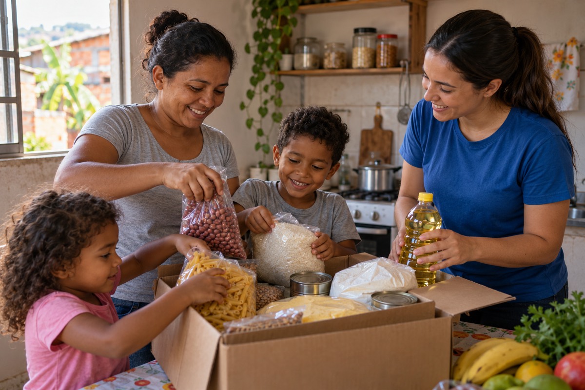 Mãe e filhos guardam os alimentos de uma cesta doada, com uma assistente social ao lado