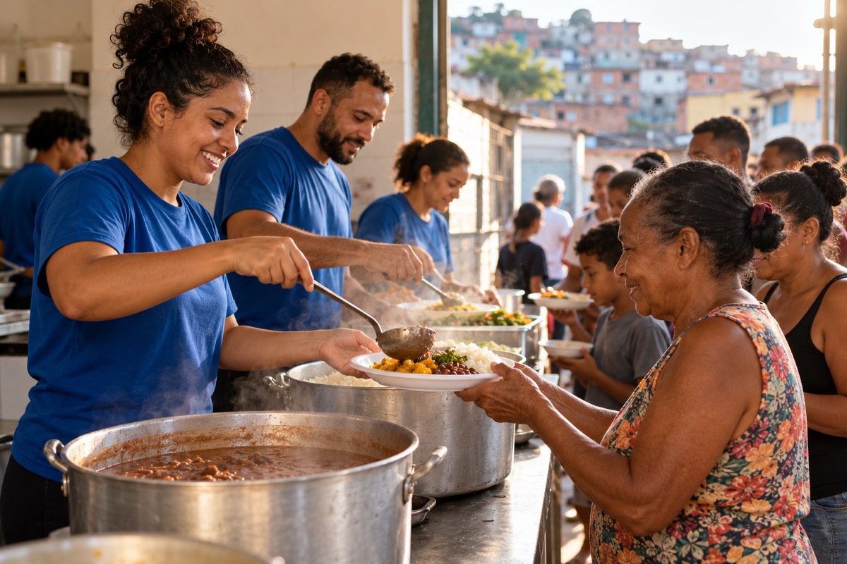 Voluntários servem refeições quentes em uma cozinha comunitária