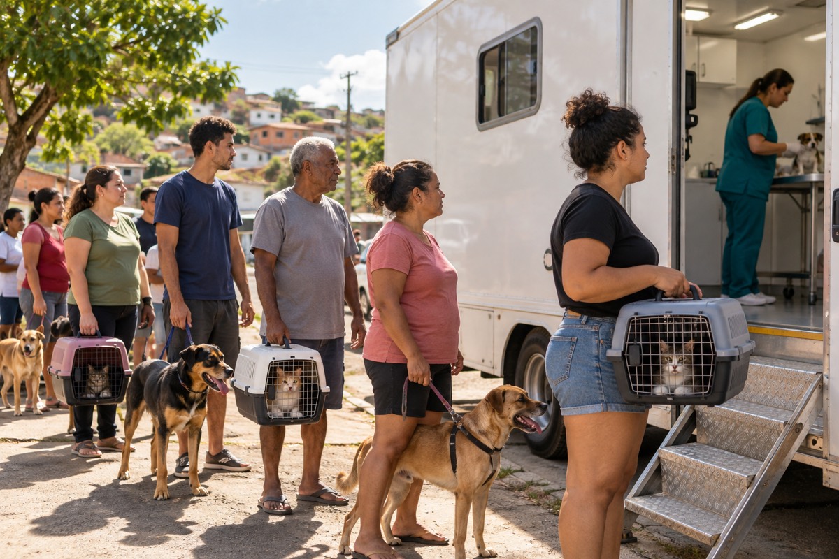 Fila de tutores com cães e gatos em um mutirão gratuito de castração e vacinação