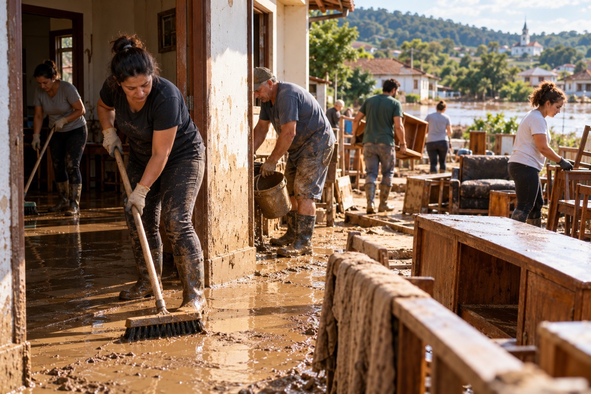 Moradores e voluntários limpam a lama de uma casa depois da enchente