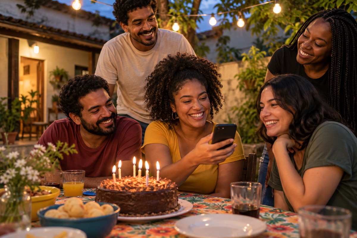 Amigos comemoram um aniversário no quintal, com um bolo caseiro