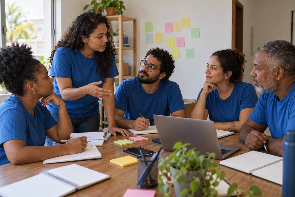 Equipe e voluntários do Instituto reunidos ao redor de uma mesa de trabalho