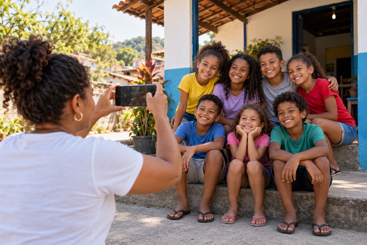 Liderança comunitária fotografa crianças em frente a um centro comunitário