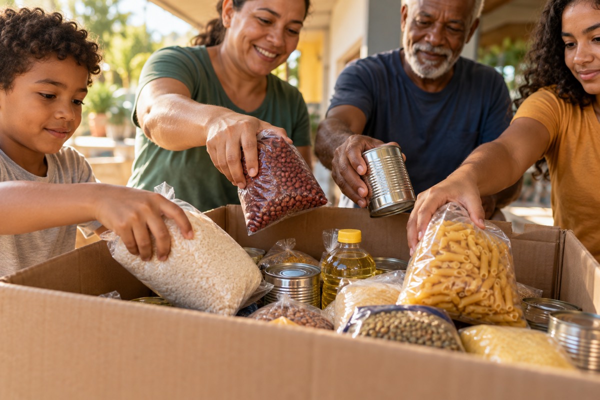 Mãos de várias pessoas colocam alimentos em uma caixa de doação
