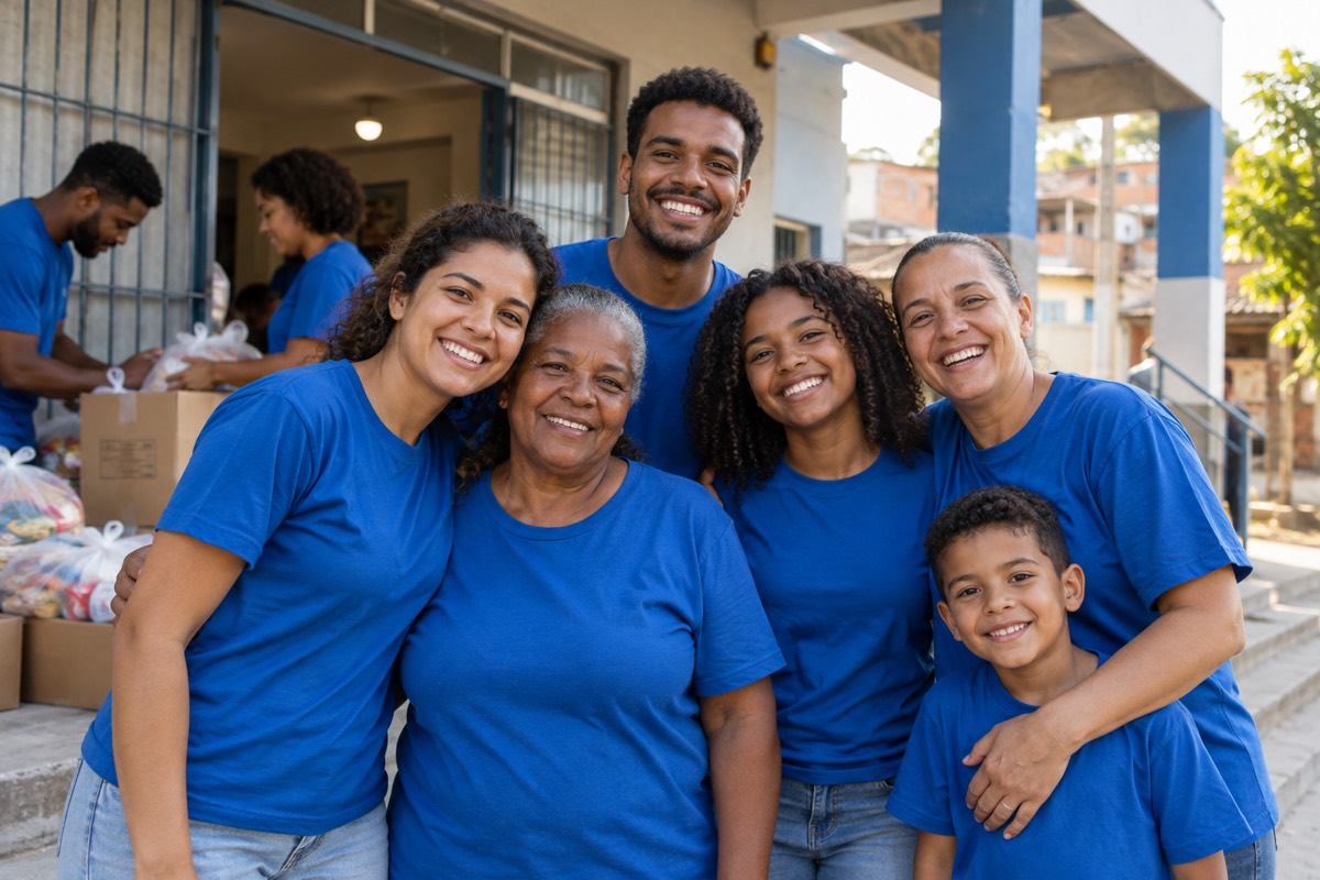 Grupo de voluntários sorridentes em frente a um centro comunitário