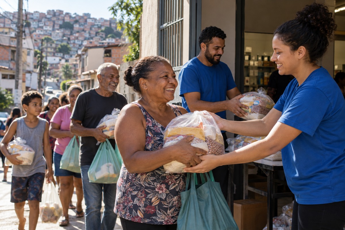 Famílias retiram cestas básicas na porta de uma cozinha comunitária