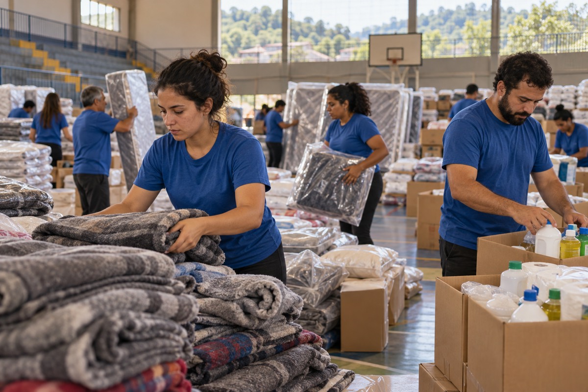 Voluntários separam cobertores, colchões e kits de limpeza em um ginásio