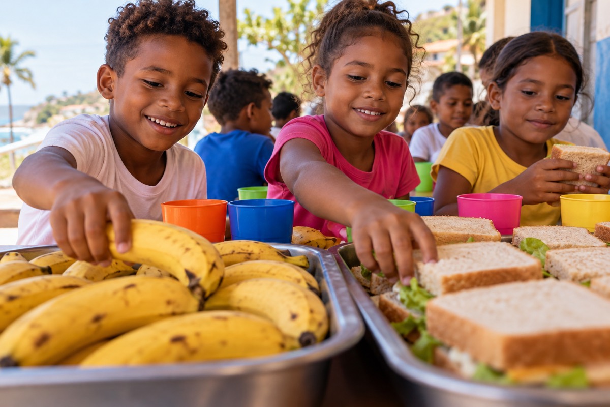 Crianças pegam frutas e sanduíches na hora do lanche