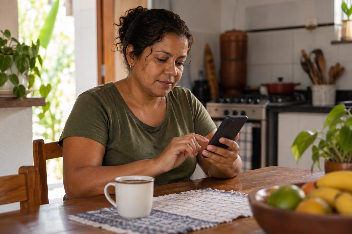 Mulher preenche um formulário no celular, na mesa da cozinha